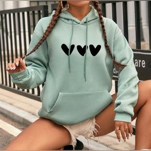 Heart Print Kangaroo Pocket Drop Shoulder Drawstring Thermal Hoodie